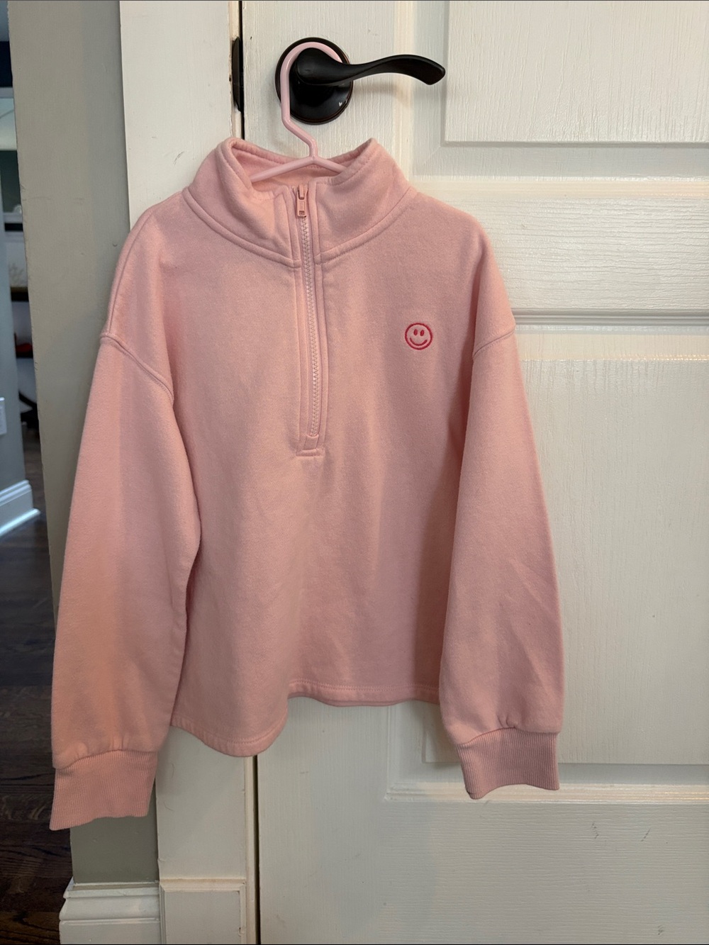 Pink girls Half-Zip Fleece Sweater with Smile Embroidery